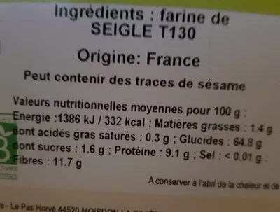 Lista de ingredientes del producto Farine de seigle T130 MelBio 2,5 kg