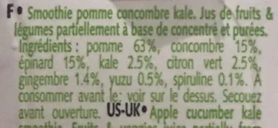 Lista de ingredientes del producto Smoothie Pomme Concombre Kale Nu Smoothie 330 ml e