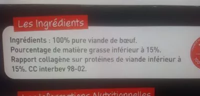 Lista de ingredientes del producto Bifteck Haché Grand Cru Pur Bœuf 12%Mg Charal 