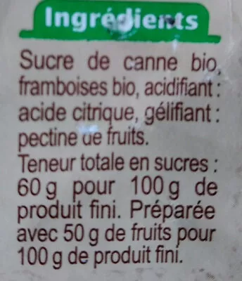 Lista de ingredientes del producto Confiture de framboises Carrefour Bio, Carrefour 360 g