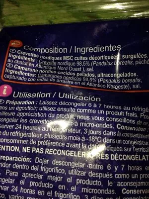 Lista de ingredientes del producto Crevettes Nordiques  Sauvages Carrefour 200 g