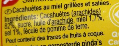 Lista de ingredientes del producto cacahuètes grillées au miel Carrefour 125g