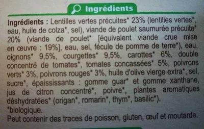 Lista de ingredientes del producto Volaille et lentilles aux petits légumes Carrefour Bio 300g