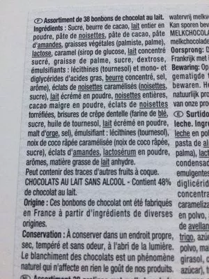 Lista de ingredientes del producto Assortiment de chocolats au lait Esprit de fete 445 g