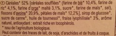 Lista de ingredientes del producto Bio barres céréalières aux fraises lyophilisées Carrefour bio 138 g