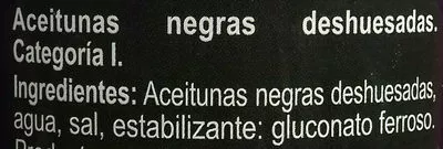 Lista de ingredientes del producto Aceituna negras s/h Carrefour 350 g (neto), 150 g (escurrido)