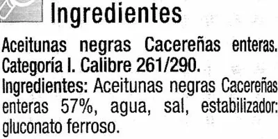 Lista de ingredientes del producto Aceituna negra con hueso Carrefour 350 g (neto), 200 g (escurrido), 370 ml