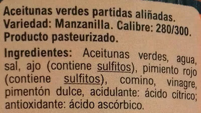 Lista de ingredientes del producto Aceitunas verdes partidas aliñadas Carrefour 835 g neto, 500 g escurrido