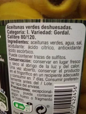 Lista de ingredientes del producto Aceitunas verdes gordal sin hueso Carrefour 