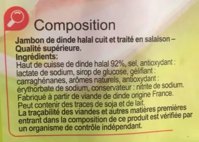 Lista de ingredientes del producto Jambon de Dinde Carrefour 160 g