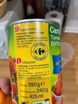 Lista de ingredientes del producto Tomate Entero Pelado bajo contenido sal Carrefour 390 g