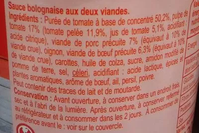 Lista de ingredientes del producto Bolognaise Carrefour 420 g