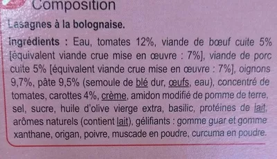 Lista de ingredientes del producto Lasagnes à la Bolognaise Carrefour, CMI (Carrefour Marchandises Internationales), Groupe Carrefour 300 g 