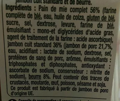 Lista de ingredientes del producto Jambon beurre pain de mie complet Bon App', Bon app 125 g