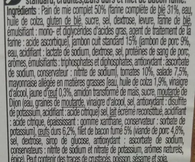 Lista de ingredientes del producto Sandwich Jambon bacon œuf Bon App', Carrefour 200 g