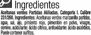 Lista de ingredientes del producto Aceitunas aliñadas Carrefour 420 g (neto), 260 g (escurrido), 450 ml