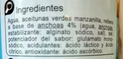 Lista de ingredientes del producto Aceituna rellena anchoa baja en sal -25% Carrefour 