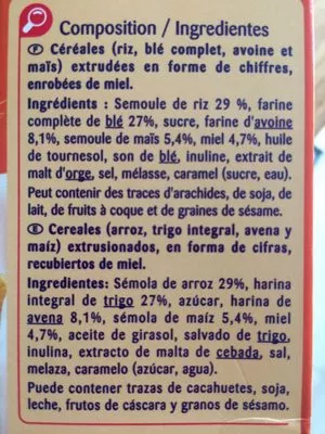 Lista de ingredientes del producto Miel Numberz - Carrefour Kids Carrefour Kids 