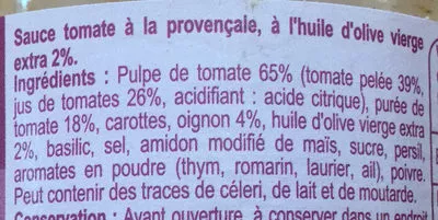 Lista de ingredientes del producto Provençale Carrefour 800 g