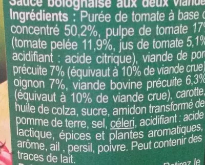 Lista de ingredientes del producto Bolognaise Carrefour 1 kg