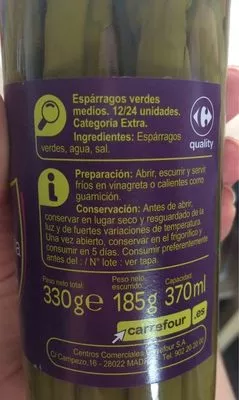 Lista de ingredientes del producto Espárragos Verdes Carrefour 345 g   185 g 370 ml