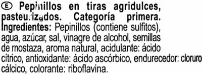 Lista de ingredientes del producto Pepinillo agridulde en tiras Carrefour 340 g (neto), 180 g (escurrido), 370 ml