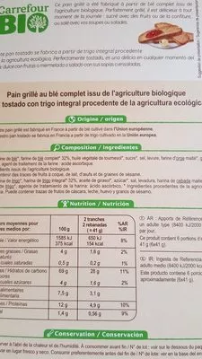 Lista de ingredientes del producto Pain grillé au blé complet bio Carrefour bio 250 g