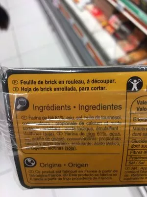 Lista de ingredientes del producto Feuille de brick en rouleau Carrefour 90 g