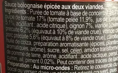 Lista de ingredientes del producto Bolognaise epicee Carrefour 420 g