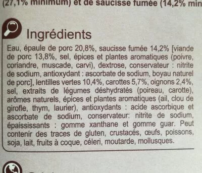 Lista de ingredientes del producto Petit salé aux lentilles vertes Carrefour 350 g