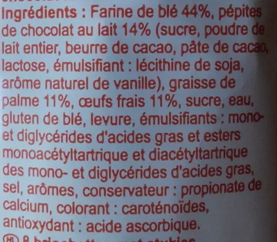 Lista de ingredientes del producto Briochettes aux pépites de chocolat Carrefour 280 g