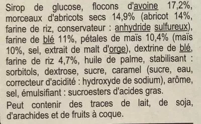 Lista de ingredientes del producto Barres Céréales Abricot Carrefour 126 g ℮, 6 barres de 21 g