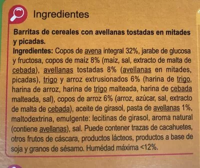 Lista de ingredientes del producto Barritas de cereales Avellanas Carrefour 125 g   (6 x 20,83 g)