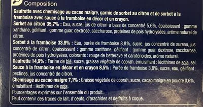 Lista de ingredientes del producto Citron Framboise Carrefour 461,4 g