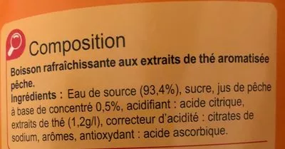 Lista de ingredientes del producto Thé Glacé saveur Pêche Carrefour 2 l