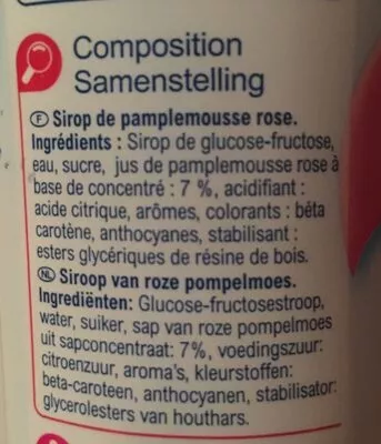 Lista de ingredientes del producto Sirop Pamplemousse Rose Carrefour 75 cl