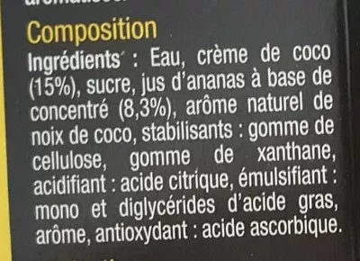 Lista de ingredientes del producto Piña Colada sans alcool Carrefour Sélection, Carrefour 80 cl (4 x 20 cl)