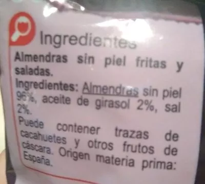 Lista de ingredientes del producto Almendras fritas saladas Carrefour 200g