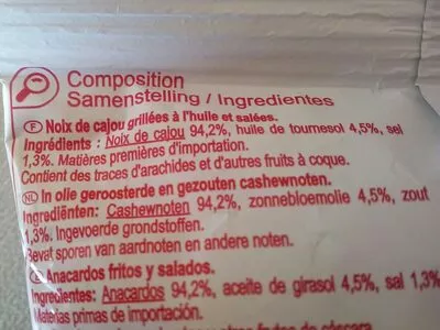 Lista de ingredientes del producto Noix de cajou grillées et salées Produits blancs,  Carrefour 150 g