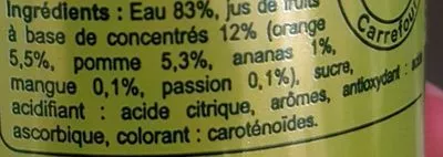 Lista de ingredientes del producto Boisson aux Fruits saveur Tropical Carrefour 6 * 33 cl e