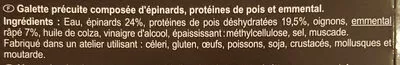 Lista de ingredientes del producto Galettes épinard, pois, emmental Carrefour Veggie, Carrefour 2x100 g