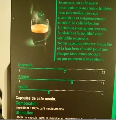 Lista de ingredientes del producto Espresso Carrefour Sélection, Carrefour 52 g 10 capsules