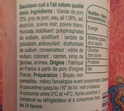 Lista de ingredientes del producto Saucisson à l'ail nature Carrefour 800 g