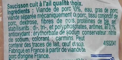 Lista de ingredientes del producto Saucisson à l'ail nature Produits Blancs,  Carrefour 400 g