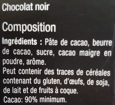 Lista de ingredientes del producto Sélection Carrefour Noir 90 % cacao Carrefour 80 g