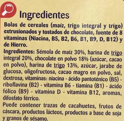 Lista de ingredientes del producto Bolas chocolateadas Carrefour 500 g