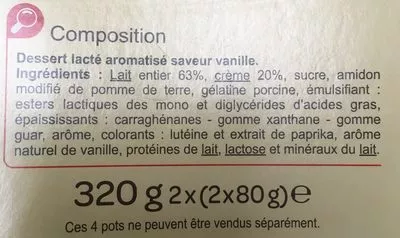 Lista de ingredientes del producto Mousse à la Liégeoise Carrefour 320 g  2x (2 x 80 g)e