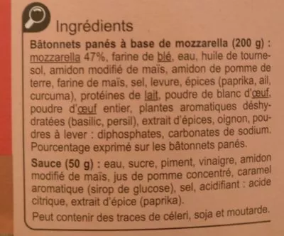 Lista de ingredientes del producto Mozzarella sticks Carrefour 