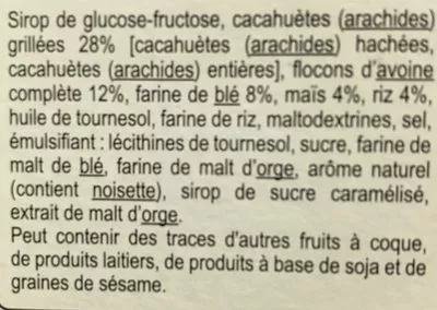 Lista de ingredientes del producto Barres cerealieres 4 cereales Carrefour 125 g    (6 x 20,83 g)