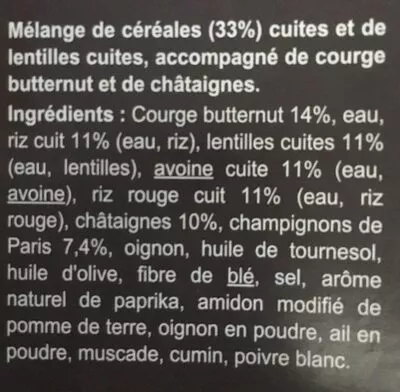 Lista de ingredientes del producto Mélange de céréales et lentilles Butternut et châtaignes Carrefour Veggie, Carrefour 300 g